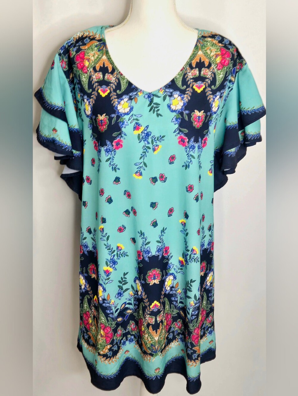 Umgee Boho Persian Floral Border Print Ruffle Sleeve Dress NWOT Size Small